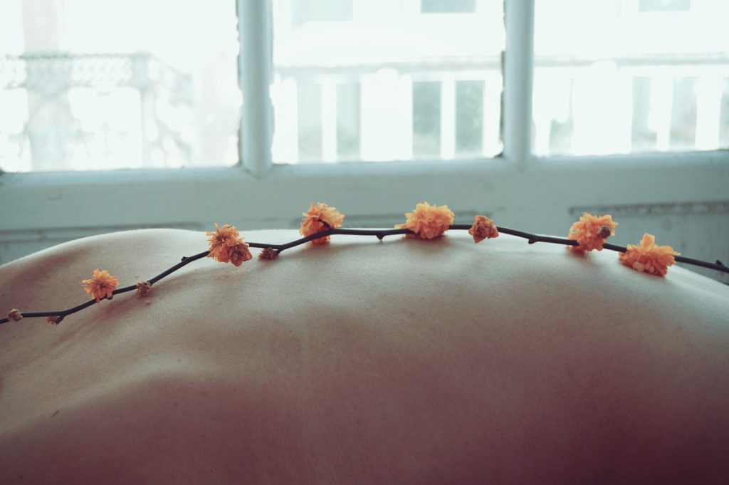 orange petaled flowers on person s back