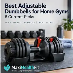 Adjustable dumbbells on a home-gym floor with a dumbbell rack in the background.