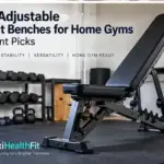 Adjustable weight bench in a clean home gym with dumbbells and resistance bands in the background.