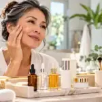 Mature woman examining facial dark spots in a bright bathroom with skincare serums on the vanity.