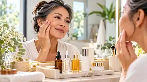 Mature woman examining facial dark spots in a bright bathroom with skincare serums on the vanity.