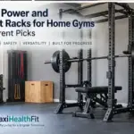 Power rack and weight bench in a bright home gym with a loaded barbell.