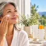 Mature woman applying sunscreen in a bright skincare setting with sun-protection products.