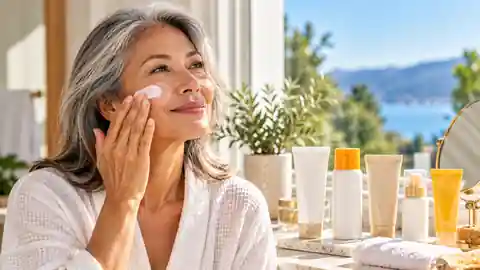 Mature woman applying sunscreen in a bright skincare setting with sun-protection products.