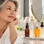 Mature woman beside unlabeled vitamin C serum bottles in a bright skincare setting.