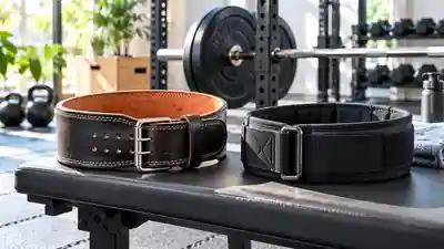 Leather and nylon lifting belts displayed on a gym bench with a barbell rack in the background.